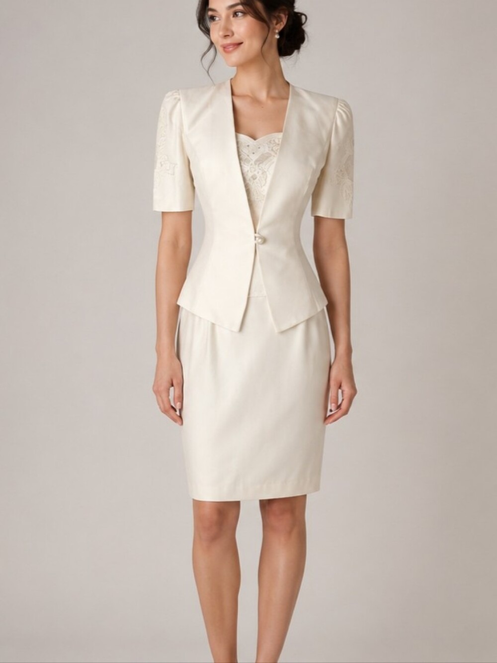 Vintage 80s/90s Karen Miller NY Ivory 3-Piece Suit Size 7/8 Satin Lined